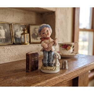 Vintage Bisque Porcelain Boy with Lute and Dog Figurine 5.25" Musician Decor